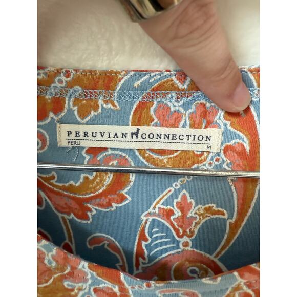 Peruvian Connection Paisley Orange Blue Floral Short Sleeve Dress Size Medium - Picture 5 of 6